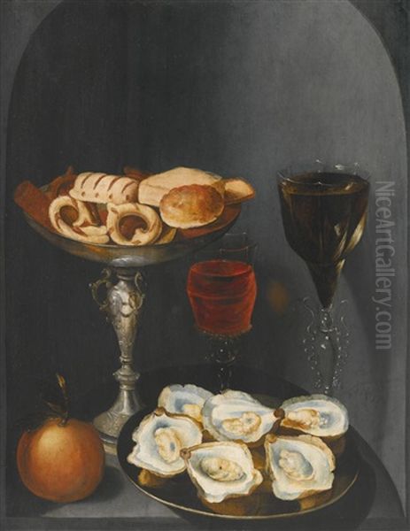 Still Life Of Oysters On A Pewter Plate, Sweetmeats And Biscuits In A Silver Tazza, Two Facon-de-venise Wine Glasses And An Orange, In A Stone Niche Oil Painting by Osias Beert the Elder