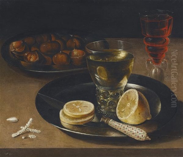 Still Life Of Lemons, Chestnuts And A Wine Glass Oil Painting by Osias Beert the Elder