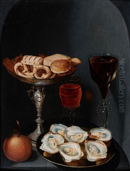 Nature Morte Au Verre De Vin, Plat D'huitres Et Coupe De Biscuits Dans Une Niche Oil Painting by Osias Beert the Elder