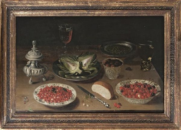 Still Life With Cherries And Strawberries On Chinese Ming Plates, Artichokes On Tin Dish And A Glass Of White Wine Oil Painting by Osias Beert the Elder