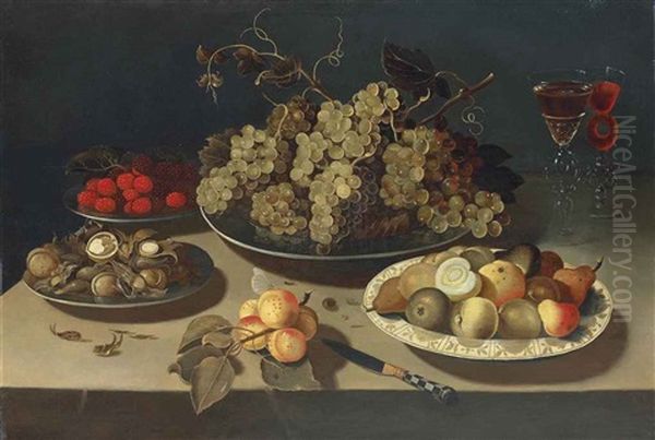 Grapes, Blackberries, Raspberries, Walnuts And Hazelnuts On Pewter Platters, Pears And Other Fruit On A Porcelain Platter, Two Facon-de-venise Wine... Oil Painting by Osias Beert the Elder