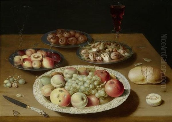 Stillleben Mit Fruchten, Nussen, Brot, Zwei Weinglasern Und Einem Messer Auf Einer Tischplatte Oil Painting by Osias Beert the Elder