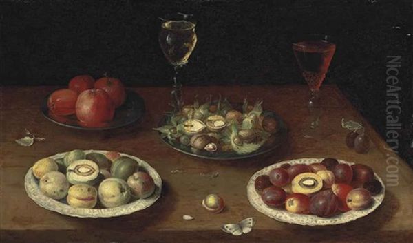 Hazelnuts And Walnuts, And Apples On Pewter Platters, Plums And Nectarines On Porcelain Plates, With Glasses Of Red And White Wine, And A Butterfly Oil Painting by Osias Beert the Elder