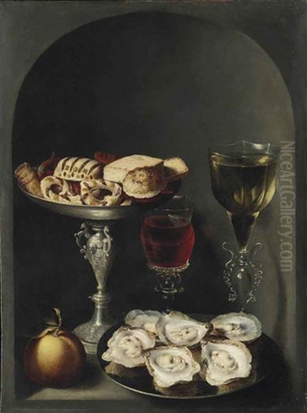 Oysters On A Pewter Plate, Sweetmeats And Biscuits In A Silver Tazza, Two Facon-de-venise Wine Glasses And An Orange In A Niche Oil Painting by Osias Beert the Elder