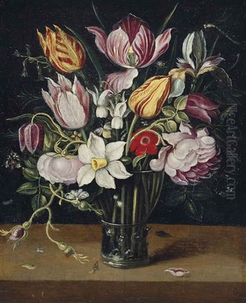 Parrot Tulips, Roses, Daffodils And Other Flowers In A Glass Roemer On A Ledge Oil Painting by Osias Beert the Elder