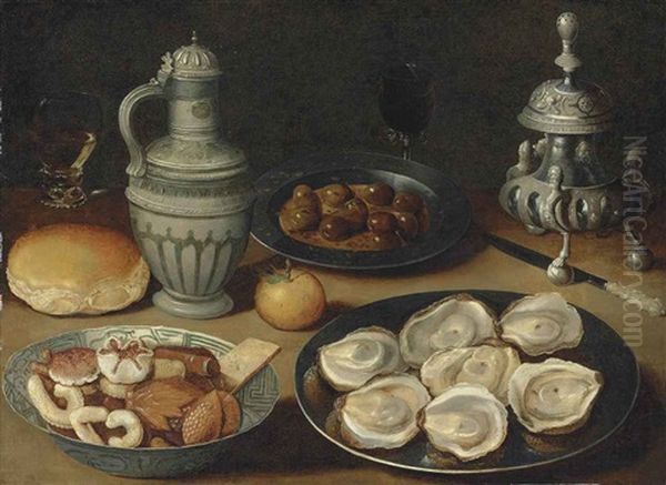 Sweetmeats In A Wanli Kraak Porcelain Bowl, Oysters And Olives On Pewter Platters, A Roll, An Orange, A Stoneware Jug, A Roemer And Other Vessels... Oil Painting by Osias Beert the Elder