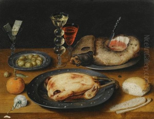 A Still Life Of A Roast Chicken, A Ham And Olives On Pewter Plates With A Bread Roll, An Orange, Wineglasses And A Rose On A Wooden Table by Osias Beert the Elder