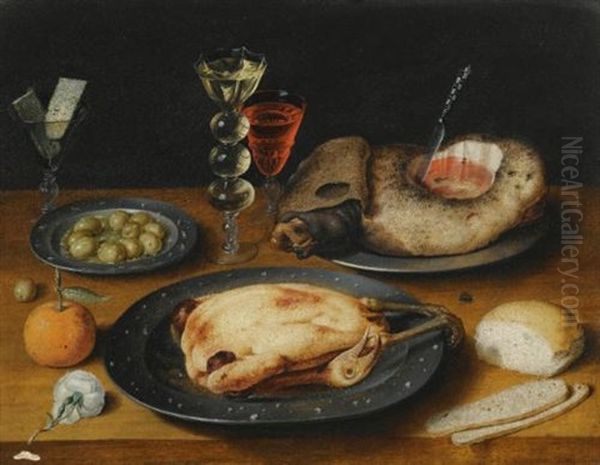 A Still Life Of A Roast Chicken, A Ham And Olives On Pewter Plates With A Bread Roll, An Orange, Wineglasses And A Rose On A Wooden Table (collab. W/studio) Oil Painting by Osias Beert the Elder