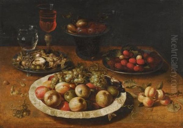 A Still Life Of Apples And Grapes In A Blue-and-white Porcelain Bowl, Raspberries And Walnuts In Pewter Dishes, Plums On A Pewter Dish Atop A Stand, Together With Three Wine-glasses And Sprigs Of Apricots And Gooseberries Upon A Wooden Table by Osias Beert the Elder