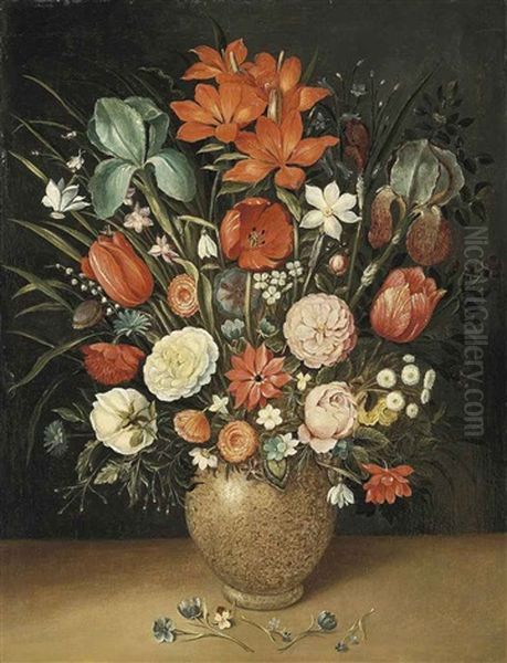 Roses, Tulips, Carnations And Other Flowers In A Vase On A Stone Ledge Oil Painting by Osias Beert the Elder