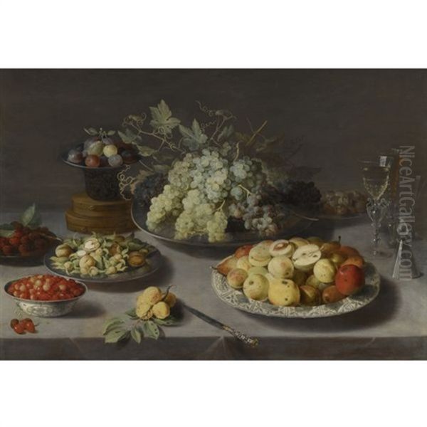 Still Life Of Grapes And Other Fruits With A Knife, Facon De Venise Wineglasses And Other Objects On A Draped Table Oil Painting by Osias Beert the Elder