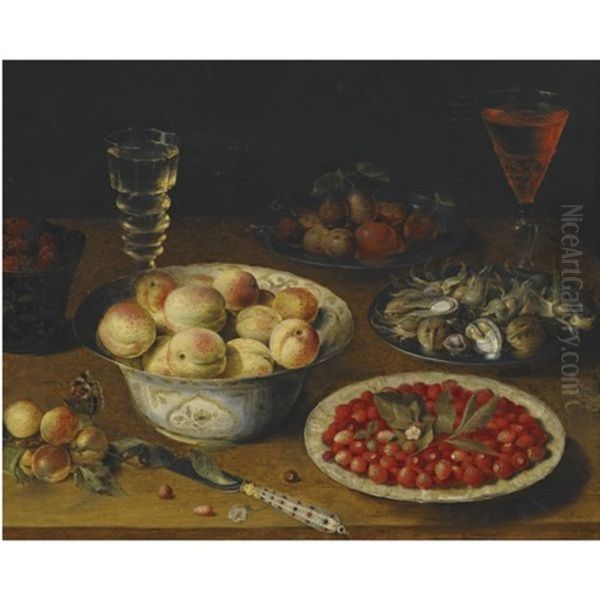 A Still Life With Peaches, Fraises De Bois, Mulberries And Plums, Together With A Plate Of Hazelnuts And Walnuts, A Knife And Two Wine Glasses On A Wooden Tabletop Oil Painting by Osias Beert the Elder