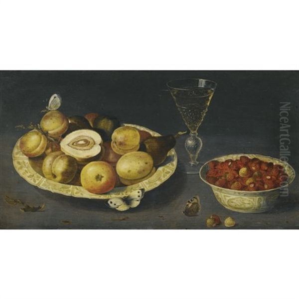 A Still Life With Strawberries, Pears And Peaches In Two Porcelain Bowls On A Table With A Wineglass And Butterflies Oil Painting by Osias Beert the Elder