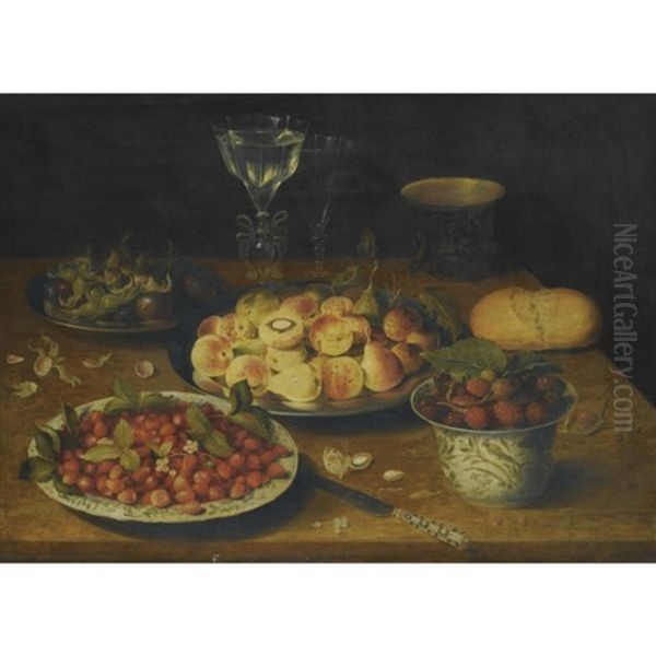 A Still Life Of Peaches And Plums On A Pewter Dish, Hazelnuts And Plums On Another, Wild Strawberries On A Chinese Porcelain Plate, Mulberries In A Chinese Porcelain Bowl, Facon-de-venise Wine-glasses Oil Painting by Osias Beert the Elder