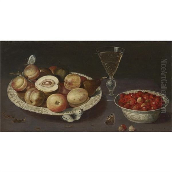 Still Life Of Peaches, Pears And Strawberries In Blue And White Porcelain Bowls With A Glass Of Wine And Butterflies Oil Painting by Osias Beert the Elder