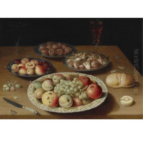 Still Life On A Plain Wooden Table: A Large Wanli Porcelain Dish Of Fruit, A Pewter Dish Of Fruit, Medlars And Nuts, A Moth, Two Venetian-style Glasses Of Wine, One White And The Other Red Oil Painting by Osias Beert the Elder