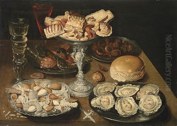 A Silver Tazza Of Sweetmeats, Pewter Platters Of Oysters Oil Painting by Osias Beert the Elder