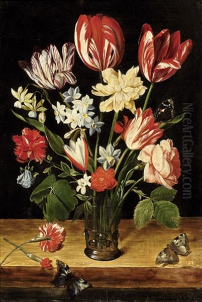 Blumenstilleben Mit Tulpen, Akelei Und Rosen In Einem Romerglas Oil Painting by Osias Beert the Elder