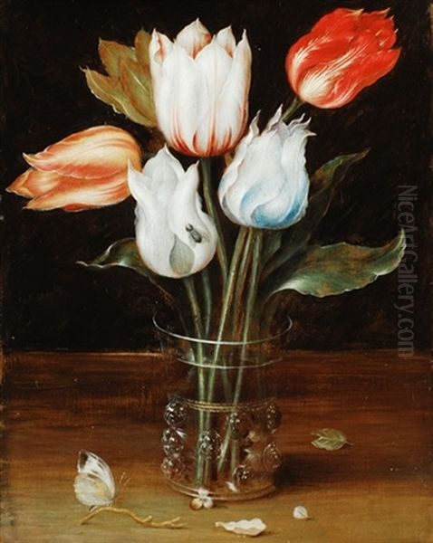 Blumenstillleben Mit Funf Tulpen In Einem Genoppten Glasbecher Mit Schmetterling Oil Painting by Osias Beert the Elder