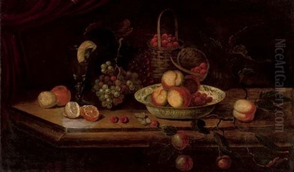 Peaches And Berries In A Wanli Kraak Porcelain Bowl With Grapes Oil Painting by Osias Beert the Elder