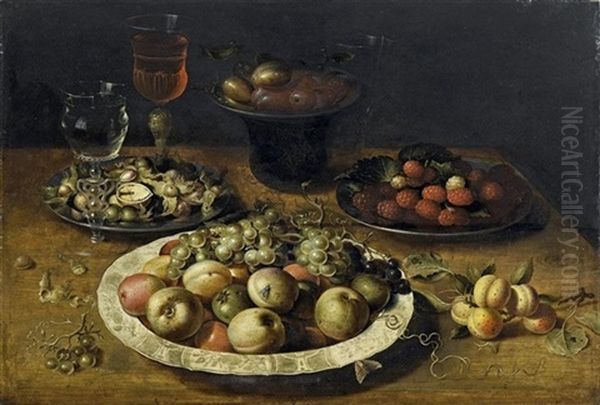 A Still Life Of Apples And Grapes In A Porcelain Bowl, Raspberries And Walnuts In Pewter Dishes, A Dish Of Plums On A Pewter Dish Atop A Stand, With Three Wine-glasses On A Wooden Table Oil Painting by Osias Beert the Elder