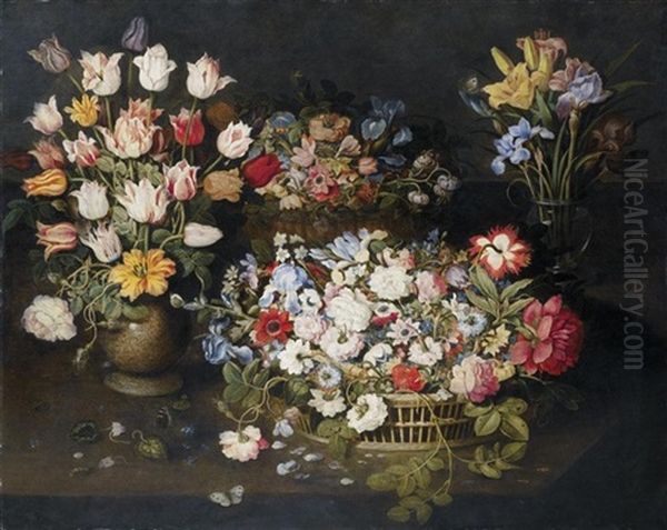 Still Life Of Tulips And An Apothecary's Rose In A Stoneware Vase, Irises And Lilies In A Glass Vase, Together With Roses, Lilies And Other Flowers In A Wicker Basket On A Table Top With Butterflies Oil Painting by Osias Beert the Elder