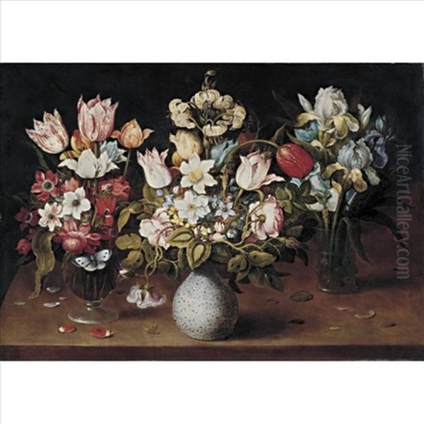 Still Life Of Three Floral Bouquets Resting On A Table Oil Painting by Osias Beert the Elder