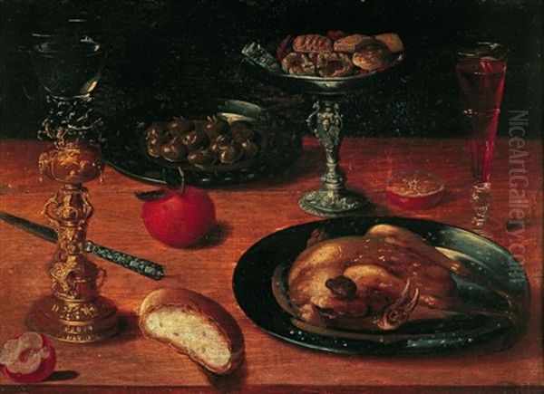 Nature Morte Aux Verre Monte, Volaille, Plats D'olives Et De Confiseries Sur Un Entablement Oil Painting by Osias Beert the Elder