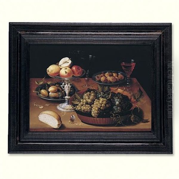 Grapes In A Dish, Apples In A Silver Tazza, Hazelnuts And Medlars On Pewter Plates, Glasses And A Bread Roll On A Wooden Table by Osias Beert the Elder