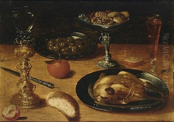 A Still Life With A Roast Chicken And Olives On Pewter Plates, A Roemer In A Silver-gilt Holder, An Orange, A Tazza With Cookies And A Wineglass Oil Painting by Osias Beert the Elder