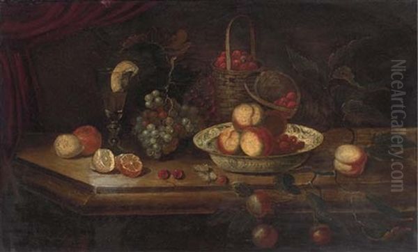 Peaches And Berries In A Wanli Kraak Porcelein Bowl With Grapes, A Peeled Lemon And Orange, A Roemer And A Basket Of Strawberries On A Ledge Oil Painting by Osias Beert the Elder