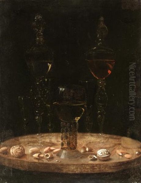 Still Life Of A Roemer With Five Wine Glasses Upon A Table Top Oil Painting by Osias Beert the Elder