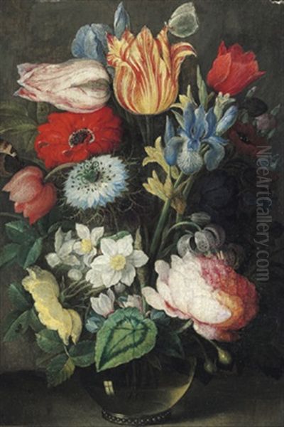 Blumenstillleben Mit Rosen,tulpen, Mohn, Schwertlilien, Narzissen, Gerbera Und Einer Kornblume In Einer Glasvase Oil Painting by Osias Beert the Elder