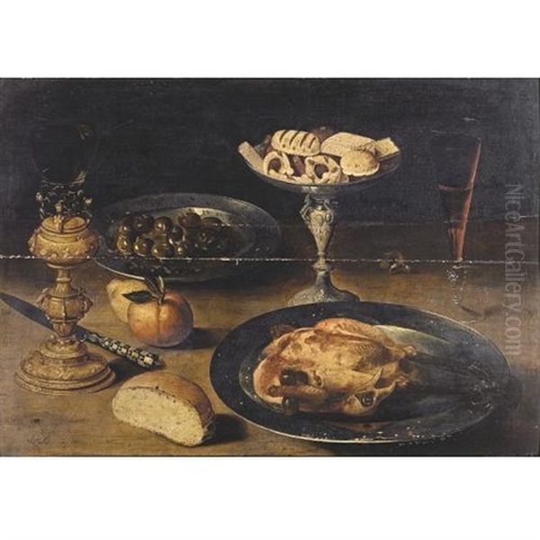 Still Life With A Roast Chicken On A Pewter Plate, Sweetmeats On A Tazza, A Roemer On A Gilt Stand, A Glass Of Wine, Olives In A Pewter Dish, A Knife, A Bread Roll And Fruit, On A Table Oil Painting by Osias Beert the Elder