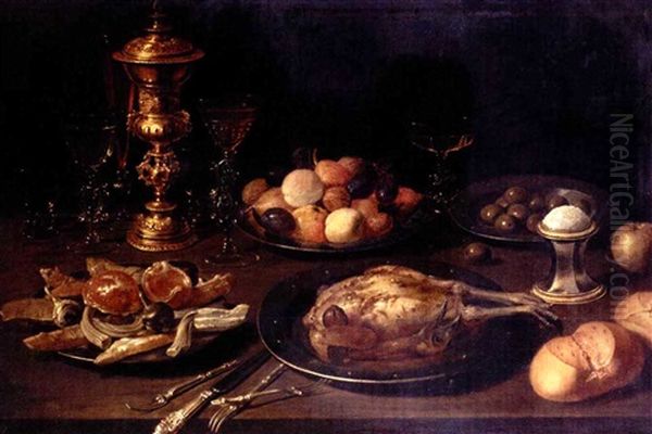 Still Life With Shells, Fruit, Olives, And A Roast Bird On Pewter Plates, Together With Glasses, A Bronze-covered Cup, A Salt-seller And Buns On A Wooden Table Oil Painting by Osias Beert the Elder