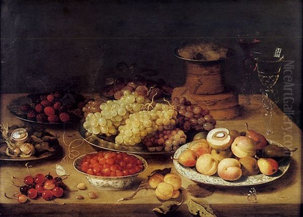 Nature Morte Aux Plats De Fruits Et Verres De Vin Sur Un Entablement Oil Painting by Osias Beert the Elder