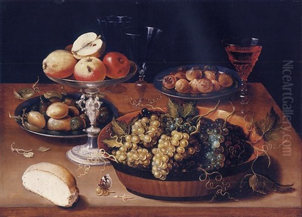 A Silver Tazza Of Apples, A Lacquer Bowl Of Grapes, Two Pewter Plates With Plums And Medlars, Half A Bread Roll And Wine Glasses On A Wooden Table Oil Painting by Osias Beert the Elder