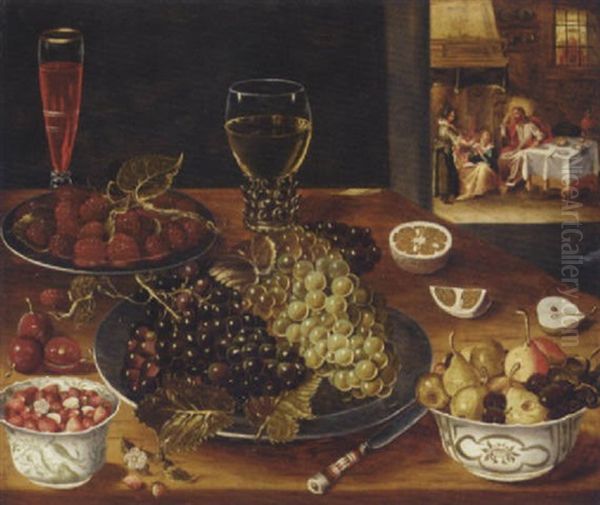 Grapes And Mulberries On Pewter Platters, Pears, Cherries And Strawberries In Porselein Bowls, A Wine Glass And A Roemer On A Table, Christ In The House Of Mary And Martha Beyond Oil Painting by Osias Beert the Elder