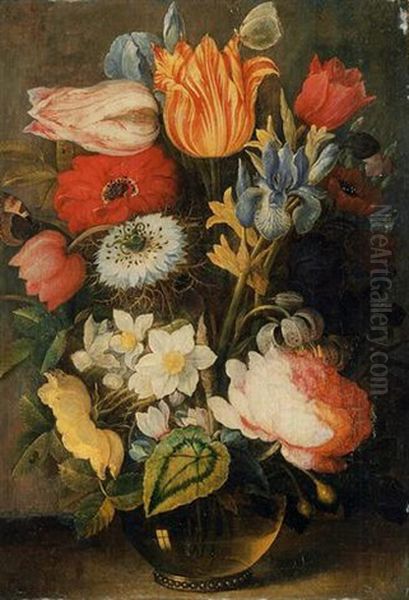 Tulips, Roses, Lilies, Irises And Other Flowers In A Glass Vase On A Ledge With Butterflies Oil Painting by Osias Beert the Elder