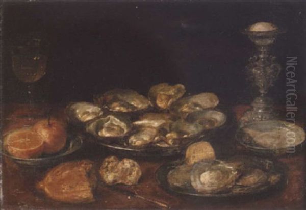 Oysters On A Salver With Oranges, A Wine Glass, Salt Cellar, Bread And A Knife On A Table Oil Painting by Osias Beert the Elder