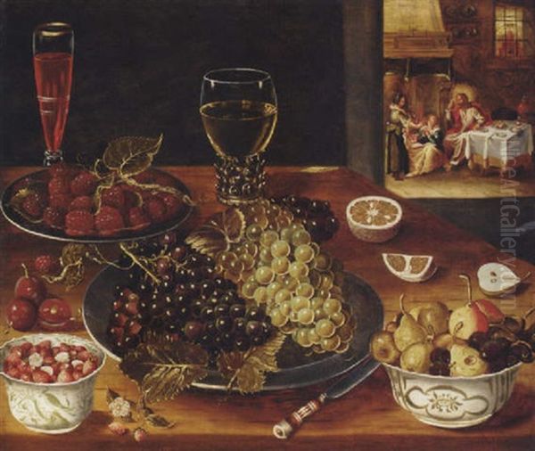 Grapes And Mulberries On Pewter Platters, Pears, Cherries And Strawberries In Wanli Kraak Porselein Bowls, A Wine Glass And A Roemer On A Table by Osias Beert the Elder