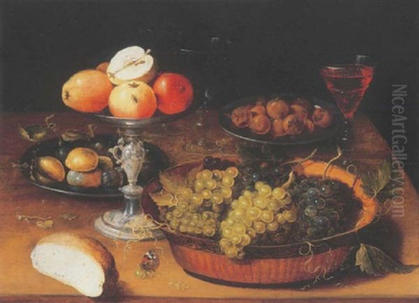 Pommes Dans Une Coupe A Pied, Raisins Dans Une Coupe, Prunes Dans Une Assiette En Metal, Des Verres A Pied Oil Painting by Osias Beert the Elder