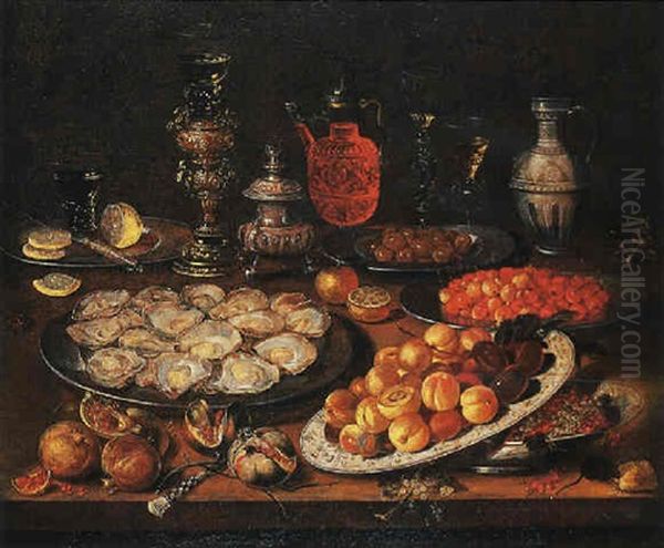 Oysters, Peaches, Cherries, Red Currants And Olives On Plates With A Sliced Lemon, A Knife, A Roemer, And A Mouse On A Table Oil Painting by Osias Beert the Elder