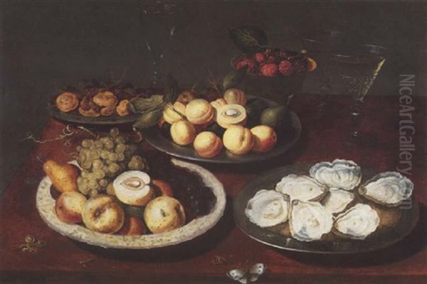 Stilleben Mit Austern, Drei Platten Mit Fruchten, Maulbeeren In Einer Bol Und Drei Glasern Oil Painting by Osias Beert the Elder