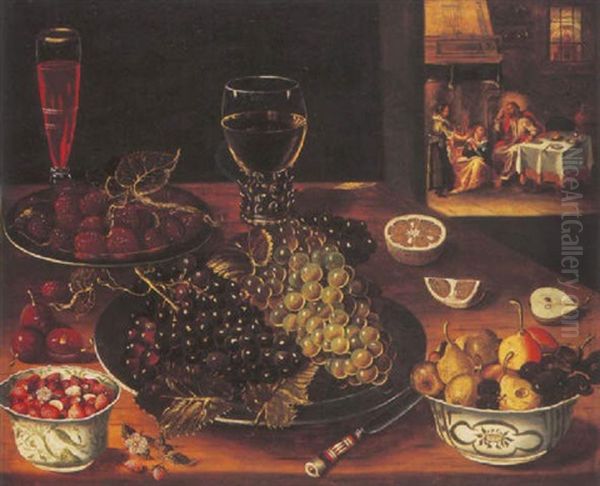 Grapes And Raspberries On Salvers, Strawberries, Apples And Cherries With A Wine Glass And A Roemer, Christ With Martha And Mary Beyond Oil Painting by Osias Beert the Elder