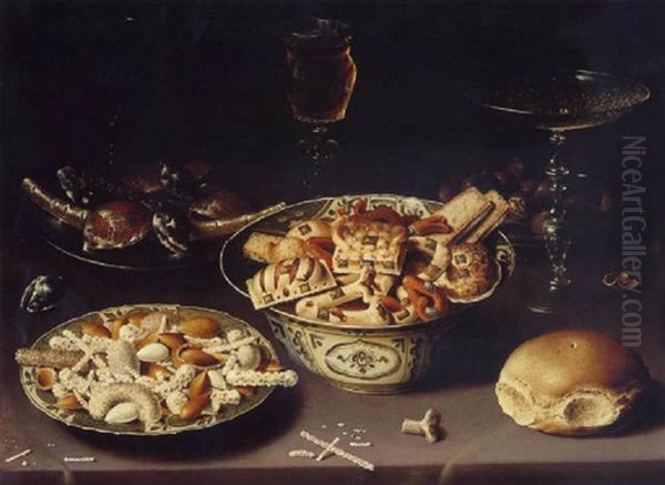 Quatre Plats De Friandises Et De Marrons Avec Troi Verres Oil Painting by Osias Beert the Elder