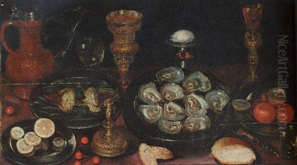 A Laid Table With Salvers Of Oysters, Artichokes, Oranges And Lemons, With Jug, Roemer, Silver Gilt Cup, Salt Cellar And A Wine Glass And A Loaf Oil Painting by Osias Beert the Elder