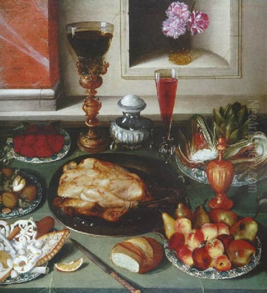 Nature Morte Aux Fruits, Friandises, Orfevrerie Et Deux Verres Sur Un Entablement Oil Painting by Osias Beert the Elder