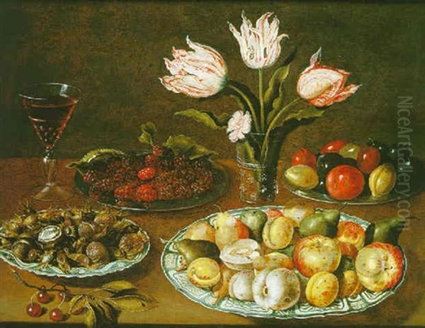 Nature Morte Aux Plats De Fruits, Verre De Vin Et Vase De Fleurs Sur Un Entablement Oil Painting by Osias Beert the Elder