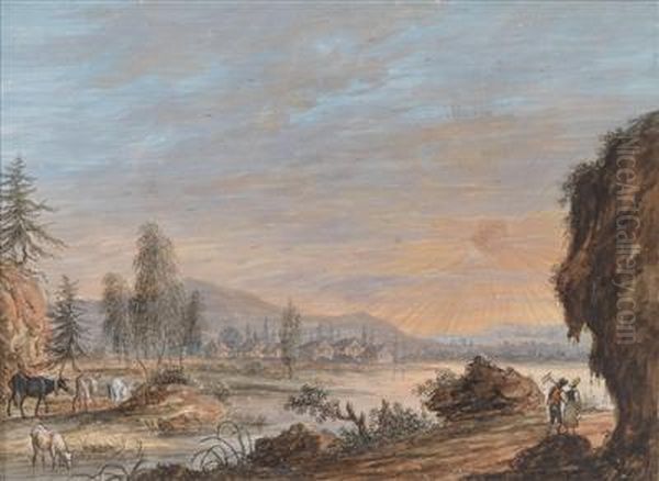 Landschaft Mit Sonnenaufgang Und Figurlicher Staffage Oil Painting by Carl Josef Alois Agricola